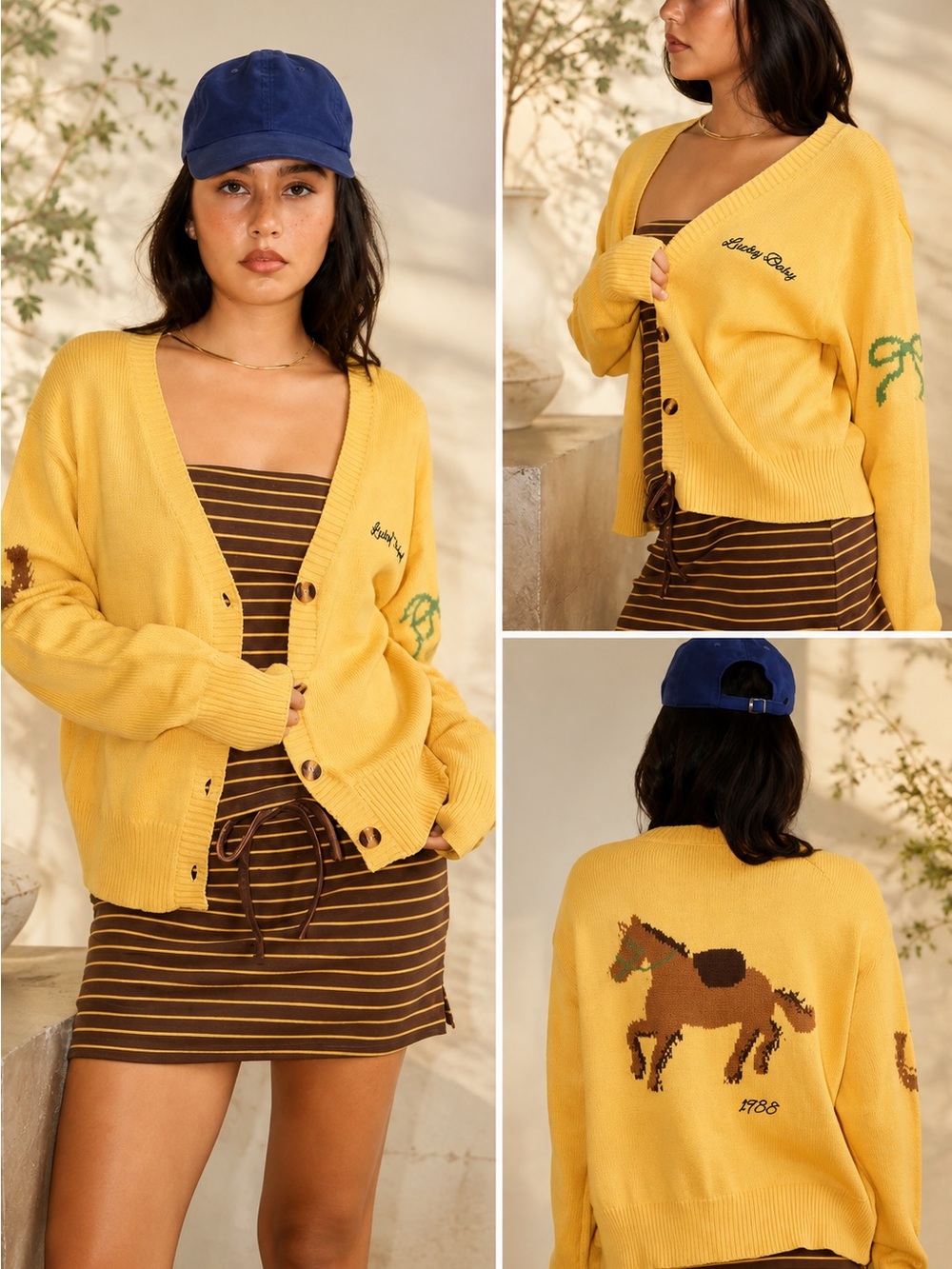 Yellow Horse Intarsia V-Neck Cardigan Sweater